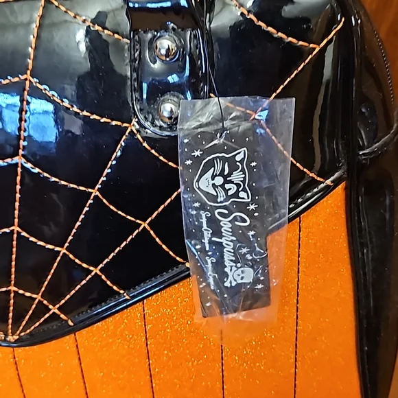Sourpuss Black and Orange Glitter spiderweb domed/bowling bag - Picture 2 of 4